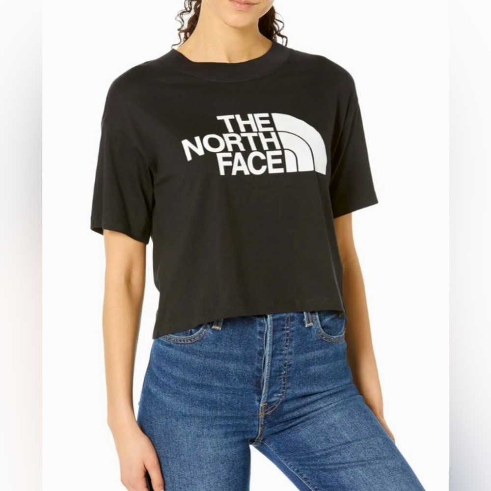 North Face Womens Cropped Tee Relaxed Fit Half Dome Large Logo Short Sleeve S